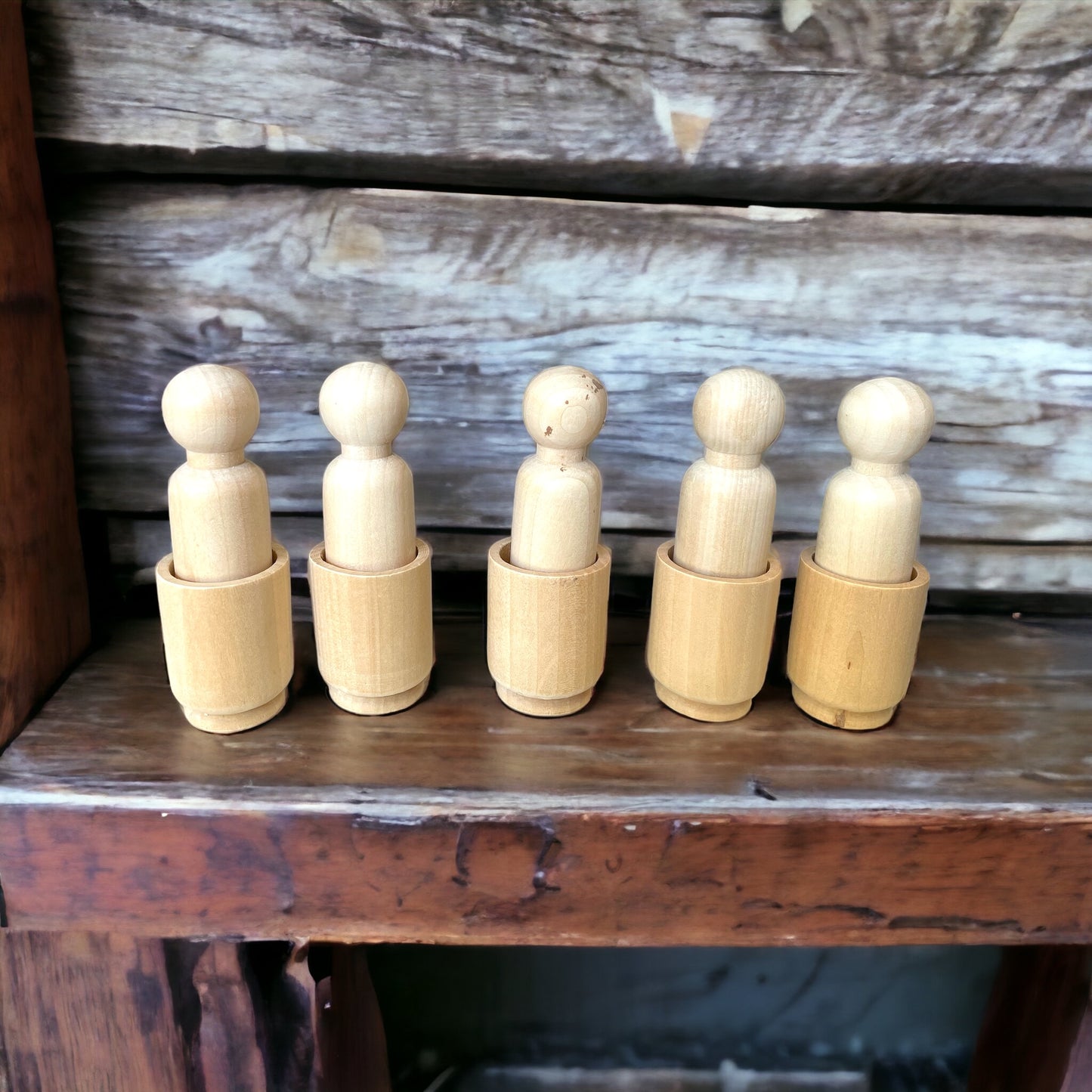 Large Wooden Peg Doll with Cup Set of 5 Natural Wood DIY Loose Parts Kids Craft Wooden toys