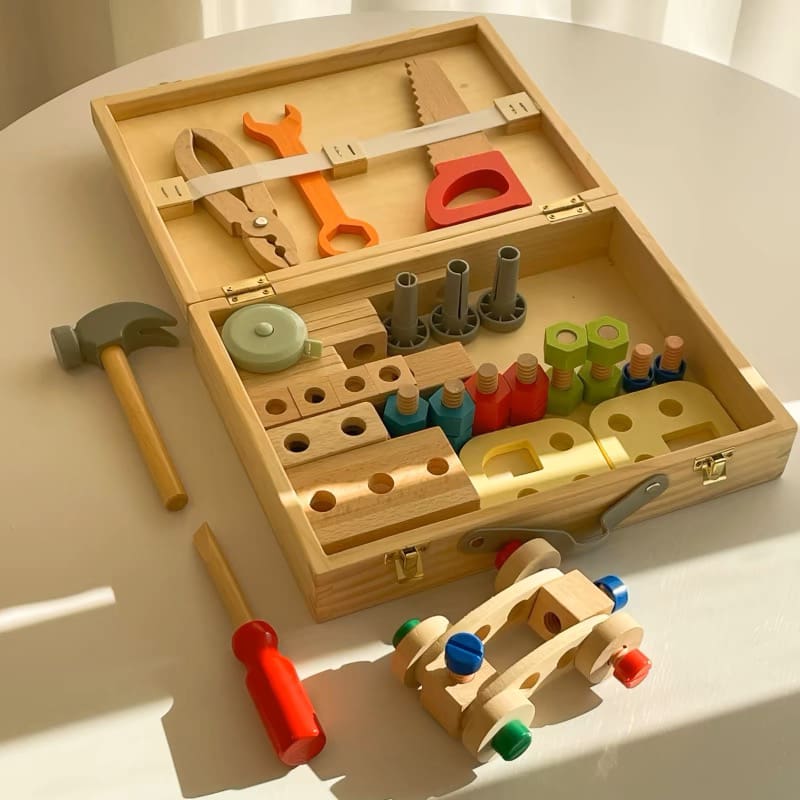 Large Wooden Kids Tool Box and Parts Set 54 piece