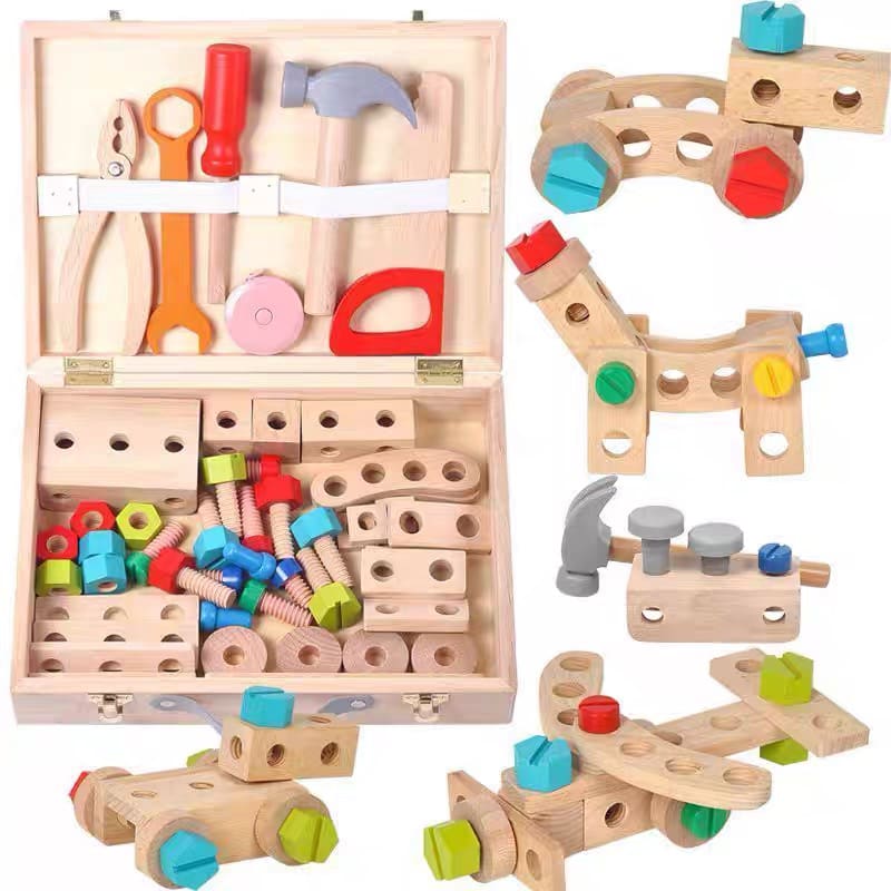 Large Wooden Kids Tool Box and Parts Set 54 piece