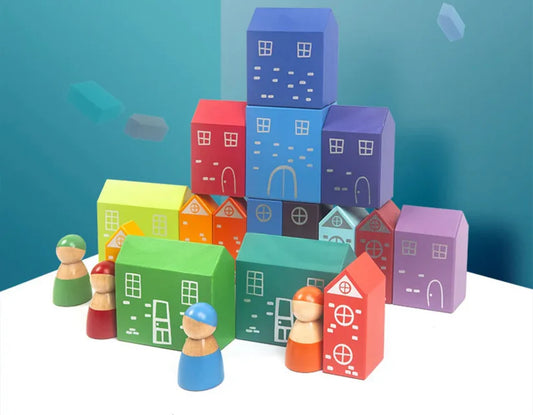 Wooden 4 Dolls and Rainbow Houses