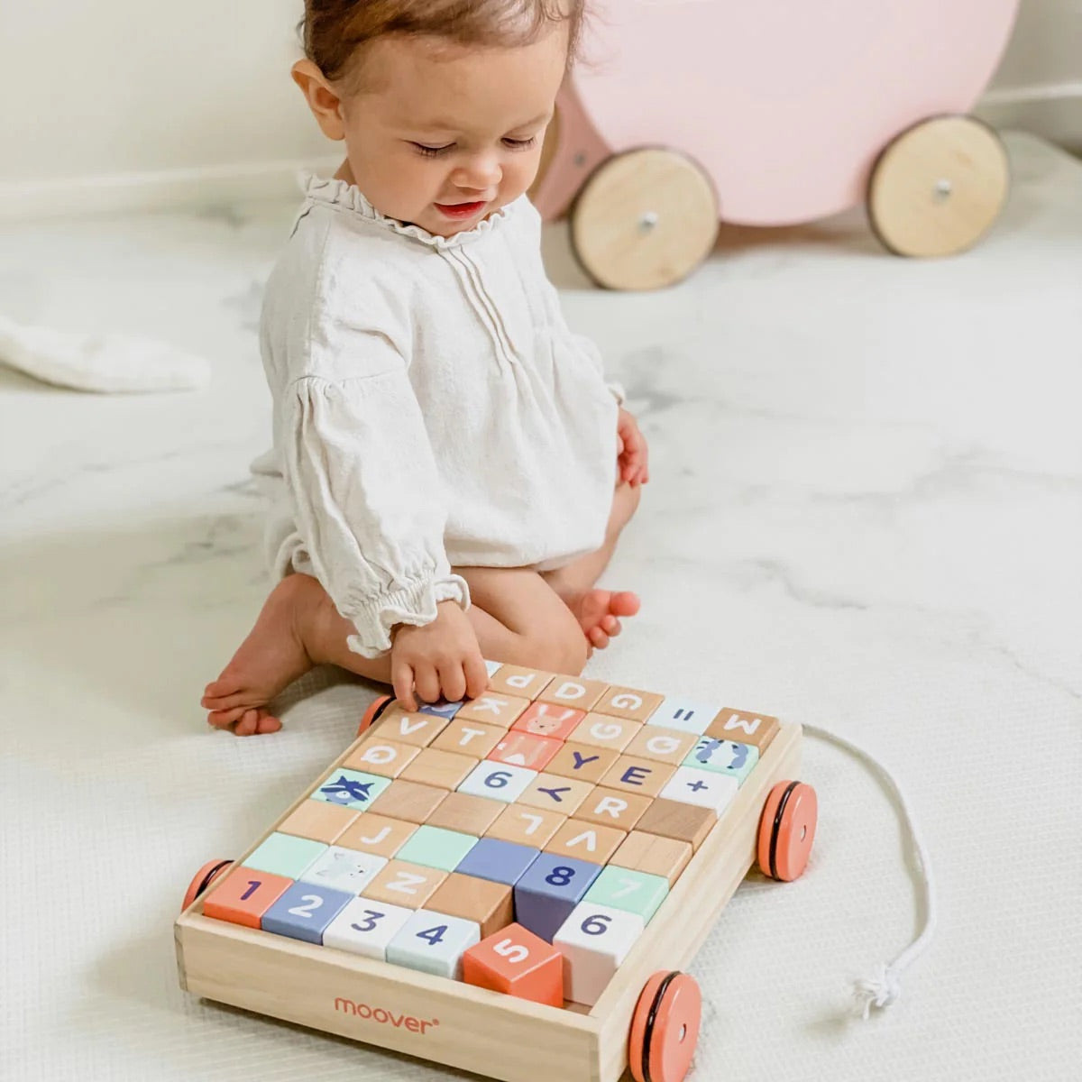 Wooden Alphabet Cube Block Wagon Trolley Pulley Toy