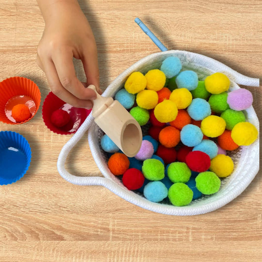 Montessori Kids  Pom Poms Transfer Activity  Colour Ball in a Basket Sorting Activity