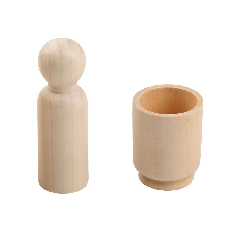 Large Wooden Peg Doll with Cup Set of 5 Natural Wood DIY Loose Parts Kids Craft Wooden toys