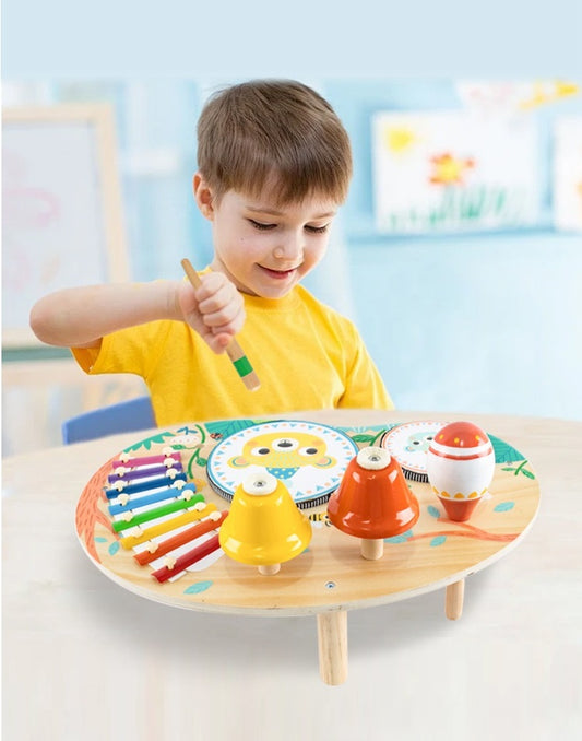 Wooden Kids Percussion Music Set with Bell Musical Chime Drum Xylophone and Rattles