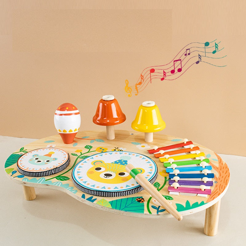 Wooden Kids Percussion Music Set with Bell Musical Chime Drum Xylophone and Rattles