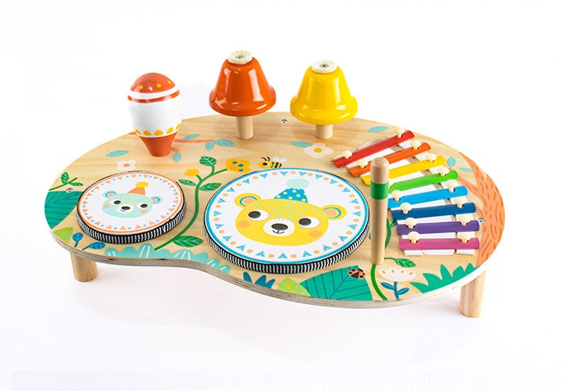 Wooden Kids Percussion Music Set with Bell Musical Chime Drum Xylophone and Rattles