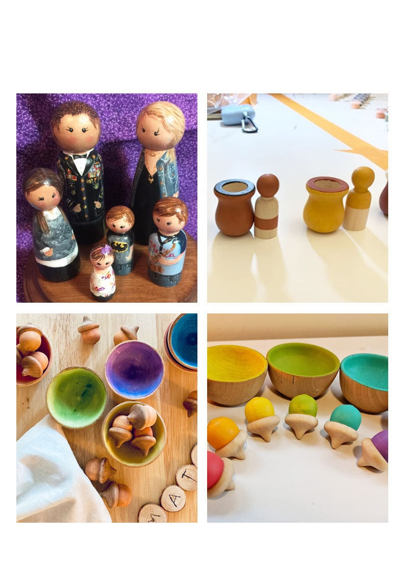 Large Wooden Peg Doll with Cup Set of 5 Natural Wood DIY Loose Parts Kids Craft Wooden toys