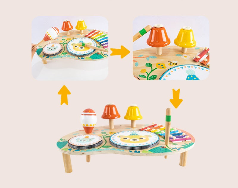 Wooden Kids Percussion Music Set with Bell Musical Chime Drum Xylophone and Rattles