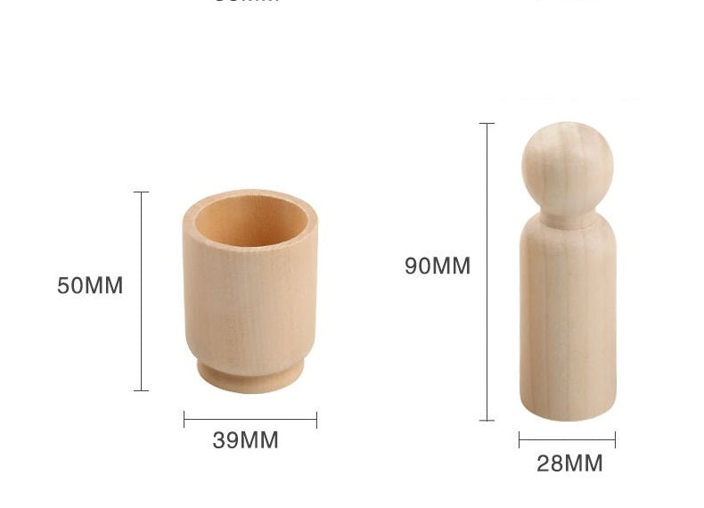 Large Wooden Peg Doll with Cup Set of 5 Natural Wood DIY Loose Parts Kids Craft Wooden toys