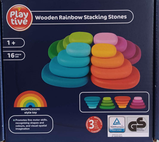 16 pc Playtive Rainbow Colour Wooden Stacking Pebbles Balancing Stones