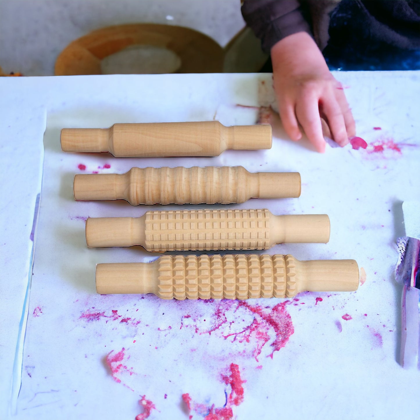 Large Wooden Sensory Playdough Roller Pin Set Tool Kit 4 pieces