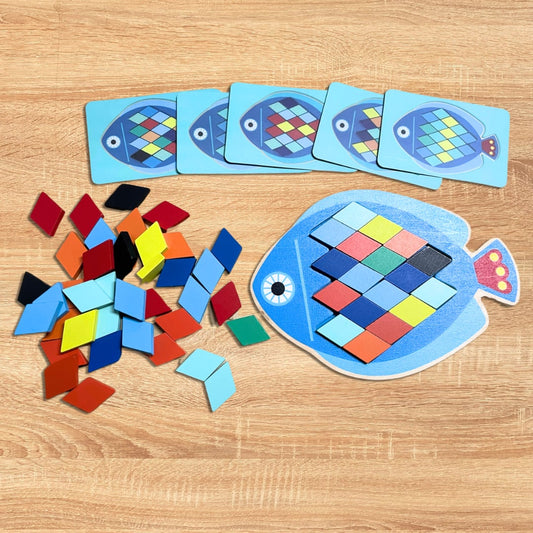 Wooden Pattern Blocks Geometric Shapes Fish Puzzle board With Flash Cards