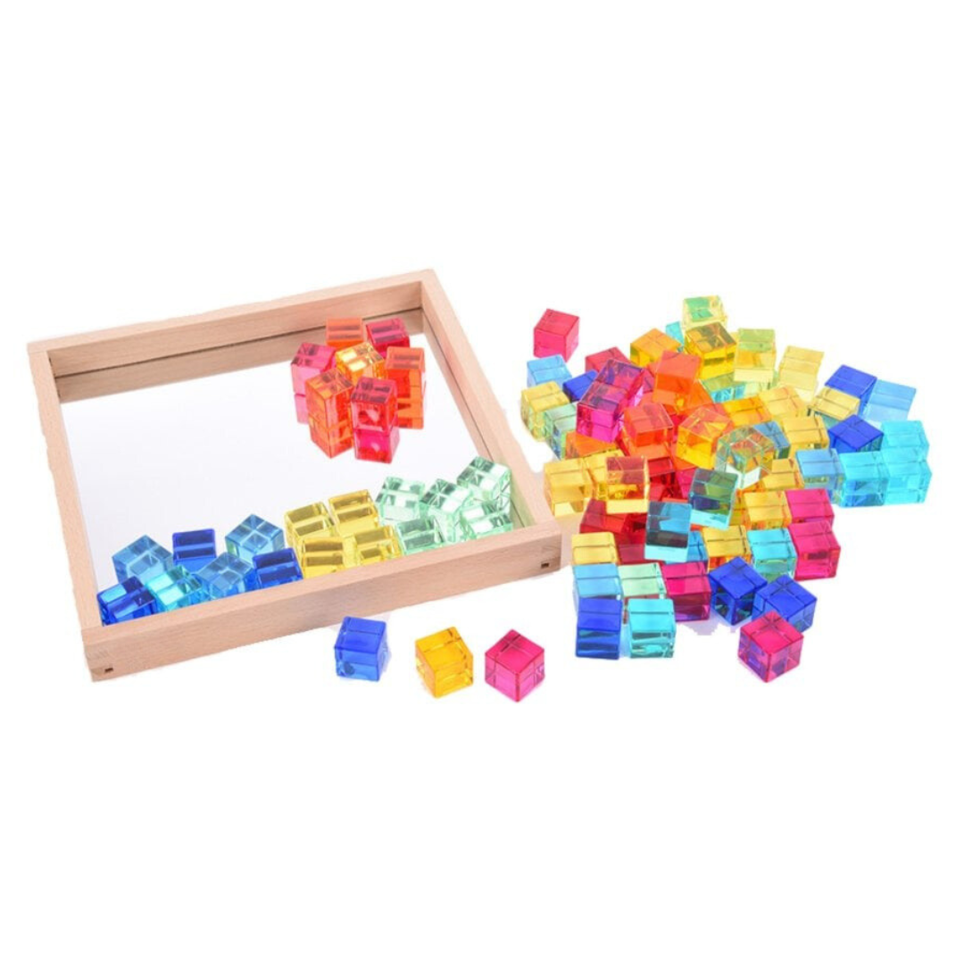 100 piece Lucite Cubes with Mirror Tray Acrylic Gem Blocks High Transparency