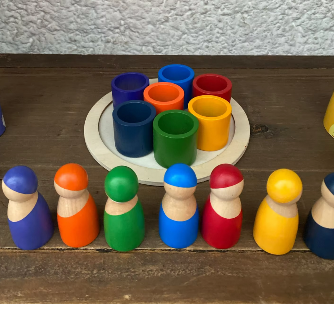 7 Rainbow Friends in Cups Peg Dolls Preschool Colour Sorting Activity Game