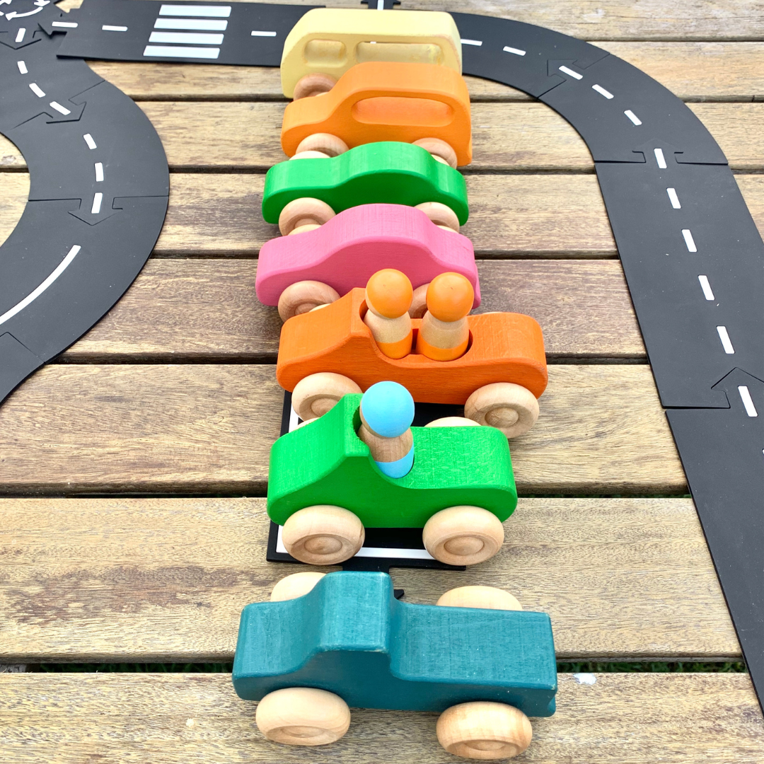 Wooden Rainbow Cars & Dolls 10 Pcs Set