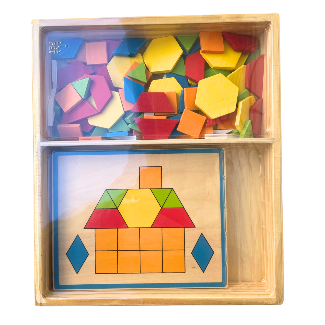 Large Wooden Pattern Blocks  Geometric Shapes Puzzle with Flash Cards