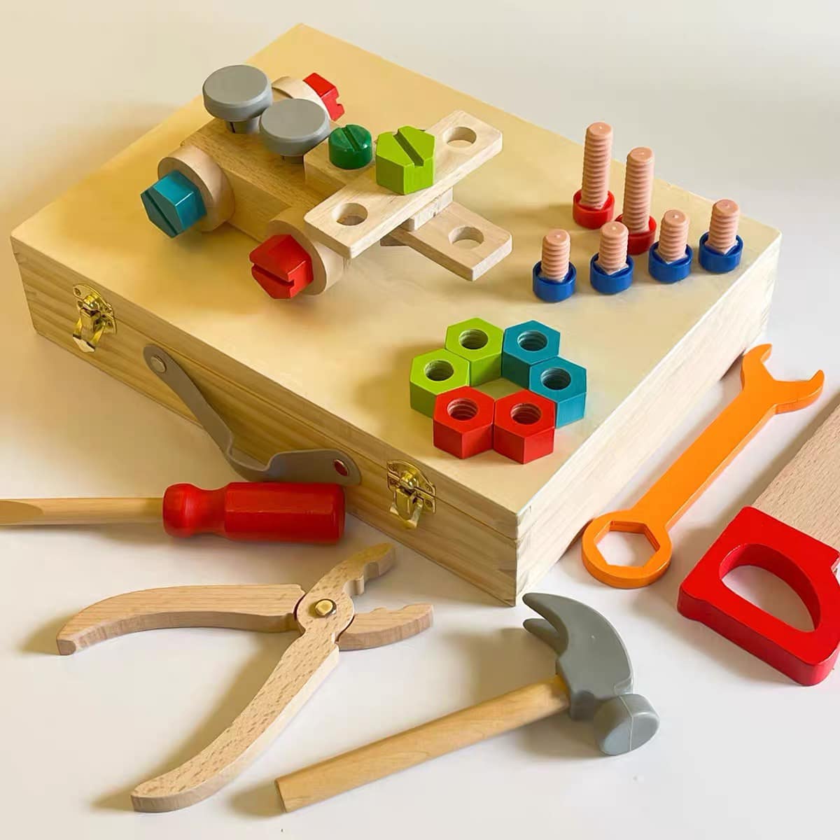 Large Wooden Kids Tool Box and Parts Set 54 piece