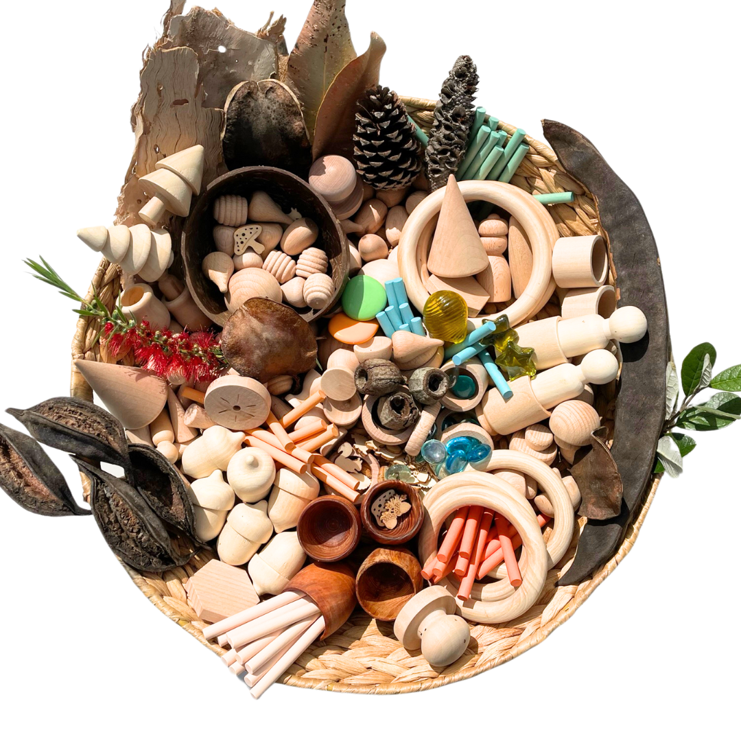 DIY Loose Parts Play Material,  Egg, Tree, Rings, Bobbins, Peg Chips Coins, Peg Doll, Acorn, Ball, Egg, banksia, gumnut, seeds