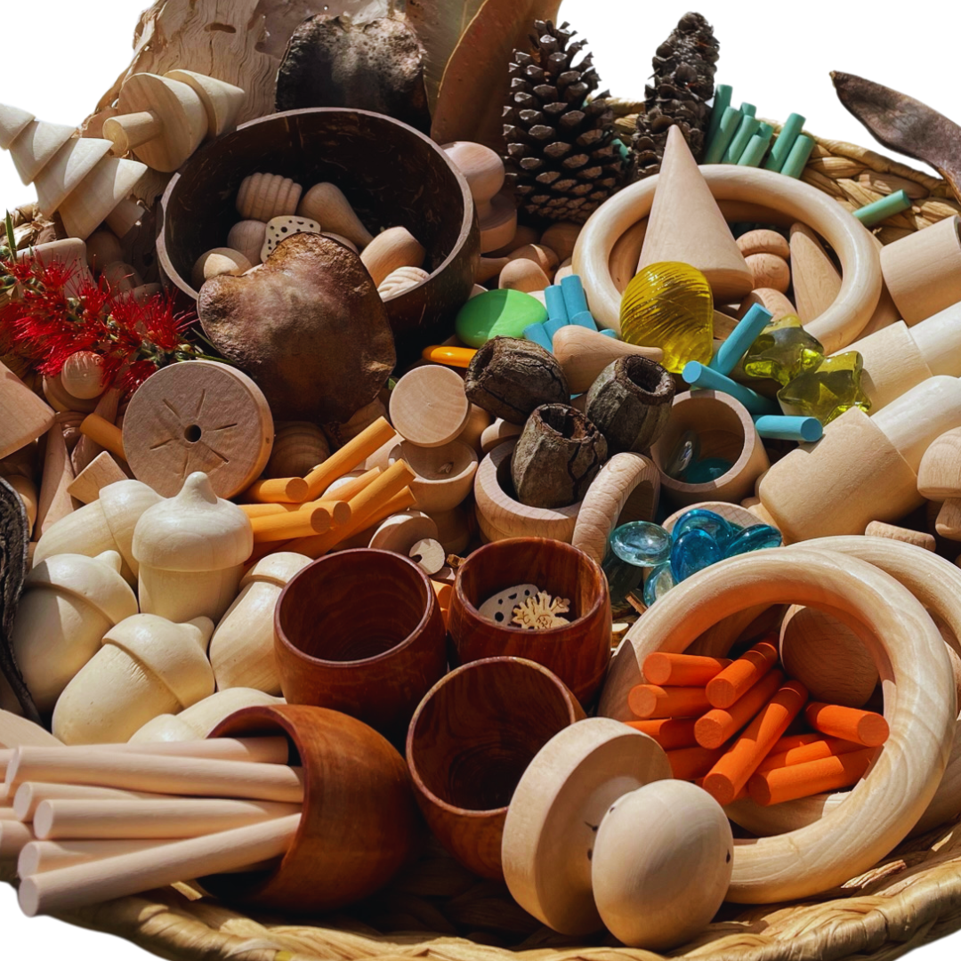 DIY Loose Parts Play Material,  Egg, Tree, Rings, Bobbins, Peg Chips Coins, Peg Doll, Acorn, Ball, Egg, banksia, gumnut, seeds