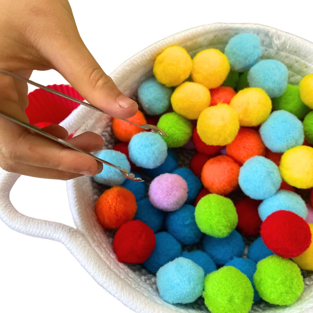 Montessori Kids  Pom Poms Transfer Activity  Colour Ball in a Basket Sorting Activity