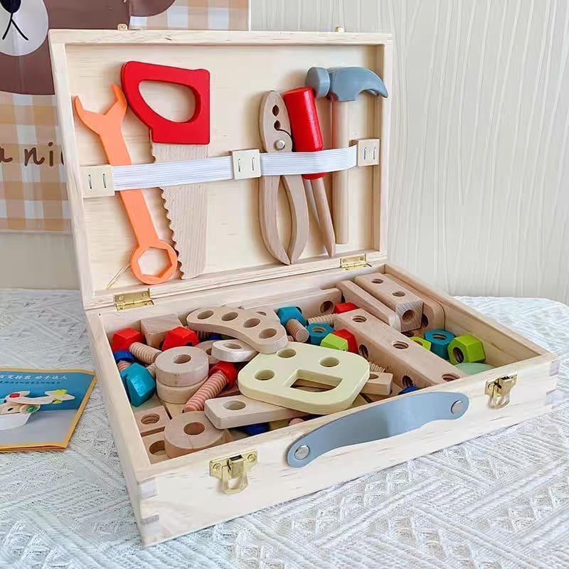 Large Wooden Kids Tool Box and Parts Set 54 piece