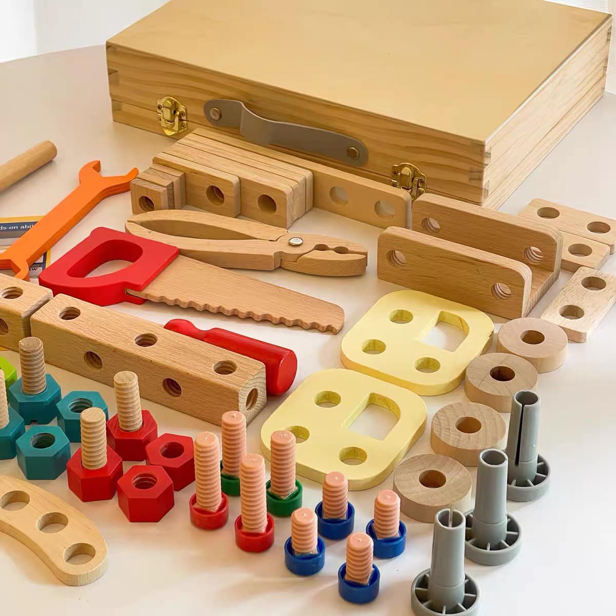 Large Wooden Kids Tool Box and Parts Set 54 piece