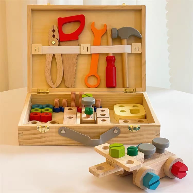 Large Wooden Kids Tool Box and Parts Set 54 piece