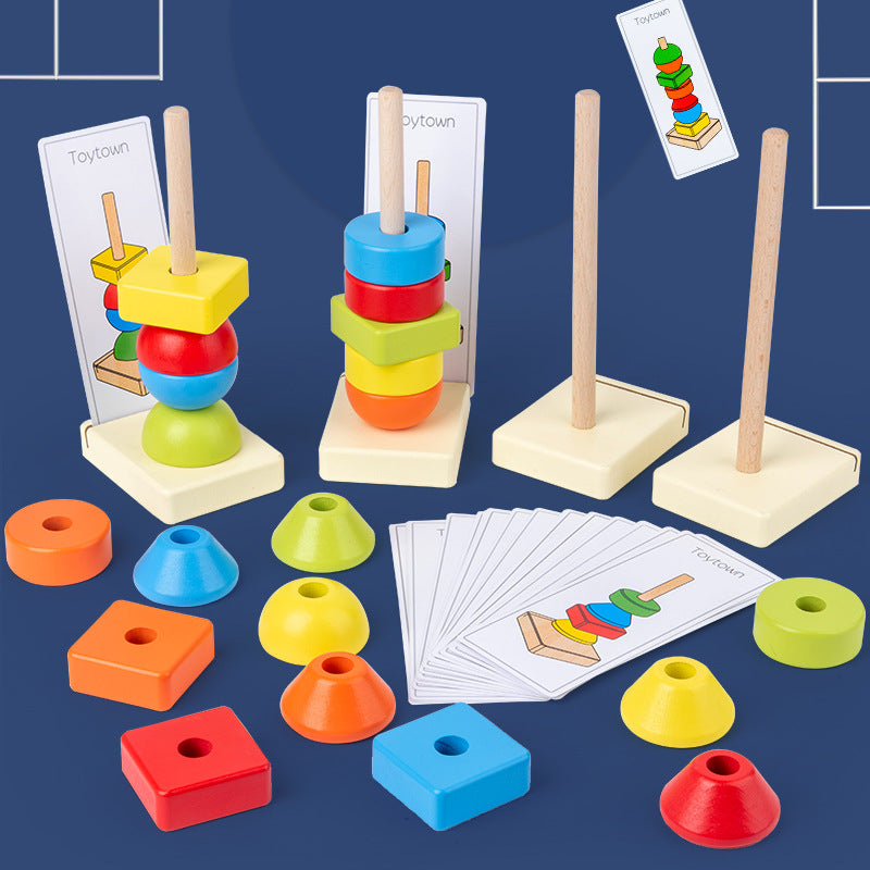 Jumbo Beads Sequencing Four Pillar Shape Stacker With  Flash Cards - HAPPY GUMNUT