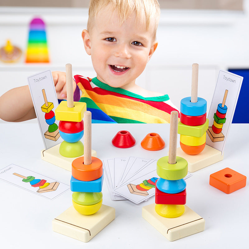 Jumbo Beads Sequencing Four Pillar Shape Stacker With  Flash Cards - HAPPY GUMNUT