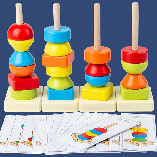 Jumbo Beads Sequencing Four Pillar Shape Stacker With  Flash Cards - HAPPY GUMNUT