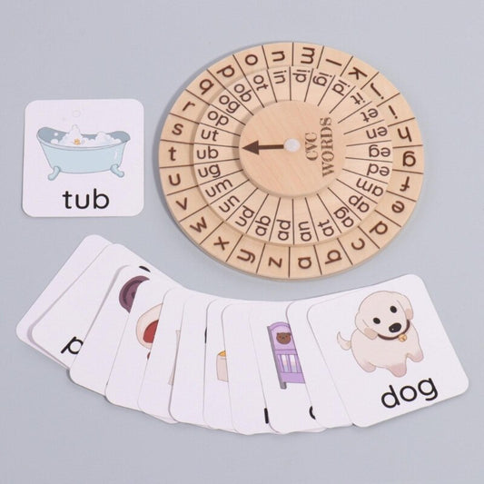 Montessori phonics Learning CVC Board Reading Spin word Wheel - HAPPY GUMNUT